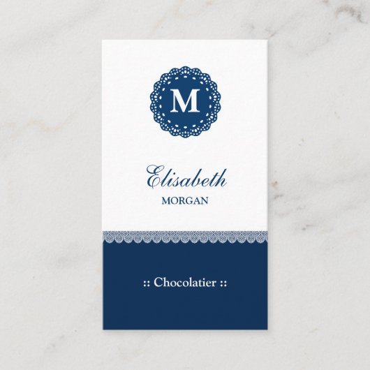 Chocolatier Elegant Blue Lace Monogram Visitekaartje (Voorkant)