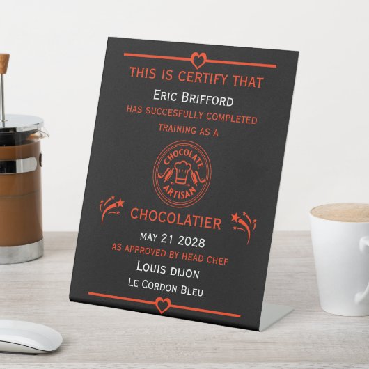 Chocolatier Maker-certificaat Reclamebord Met Voetstuk (Insitu)