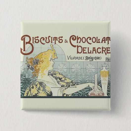 Chocoloate Art Nouveau Vrouw Vierkante Button 5,1 Cm (Voorkant)