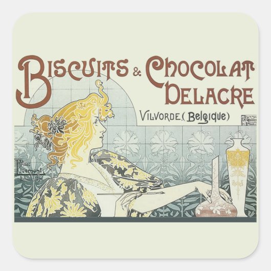 Chocoloate Art Nouveau Vrouw Vierkante Sticker (Voorkant)
