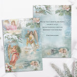Choir of Vintage Winter Angels Collage Feestdagenkaart<br><div class="desc">Een prachtige collage van mooie Victoriaans engelen,  sneeuwdepiene,  rozen,  heilige kerstmuziek,  typografie,  evergroenen en rustige landschappen op het platteland die zijn omgeven door een delicaat witte filigree op een lichthemelblauwe achtergrond.</div>