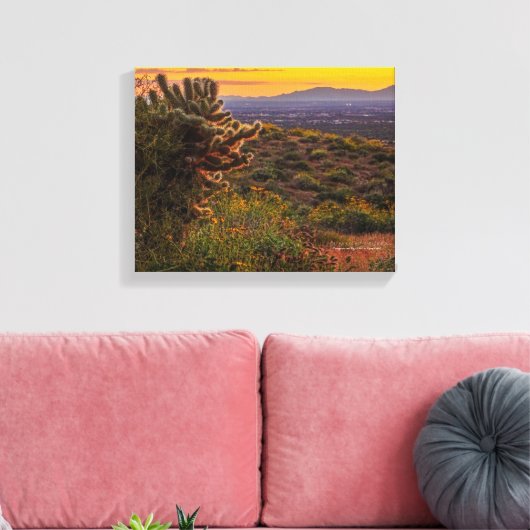 Cholla Cactus Desert Flowers Arizona Sunset 14x11 Canvas Afdruk (Insitu (Woonkamer))