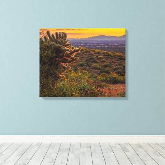 Cholla Cactus Desert Flowers Arizona Sunset 20x16 Canvas Afdruk (Insitu (Houten vloer))