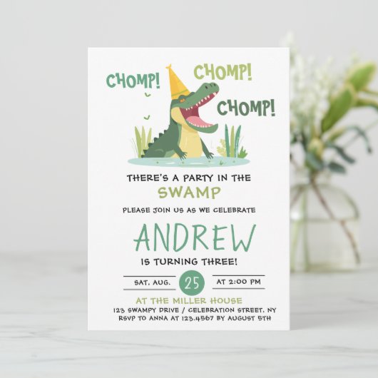 Chomp Chomp Party in het moeras Alligator Verjaard Kaart (Staand voorkant)