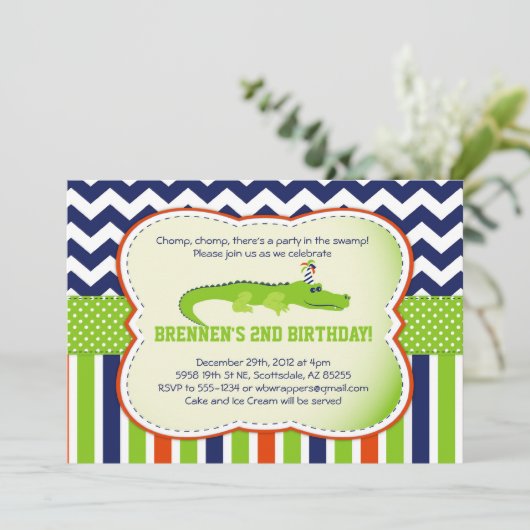 Chomp Chomp. Uitnodigingen van met Alligator verb (Staand voorkant)