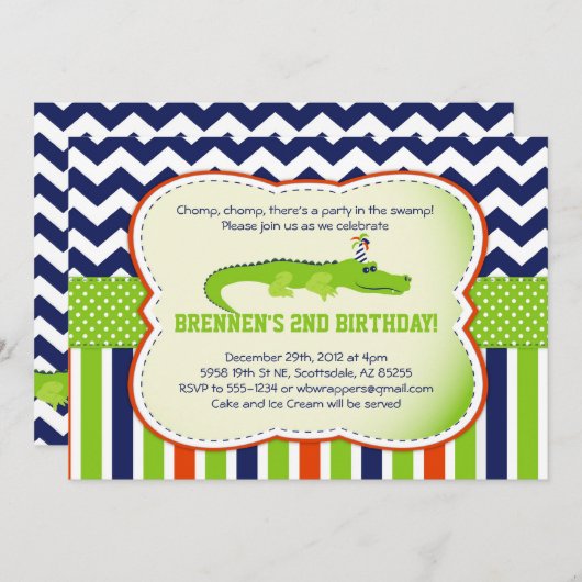 Chomp Chomp. Uitnodigingen van met Alligator verb (Voorkant / Achterkant)