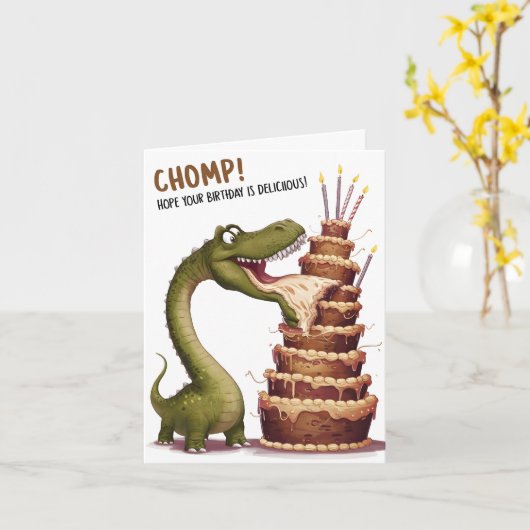 Chomp Dinosaurus Verjaardag Kaart (Gele Bloem)