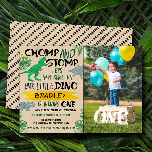 Chomp & Stomp! Dinosaur Boys 1st geboortedag foto Kaart