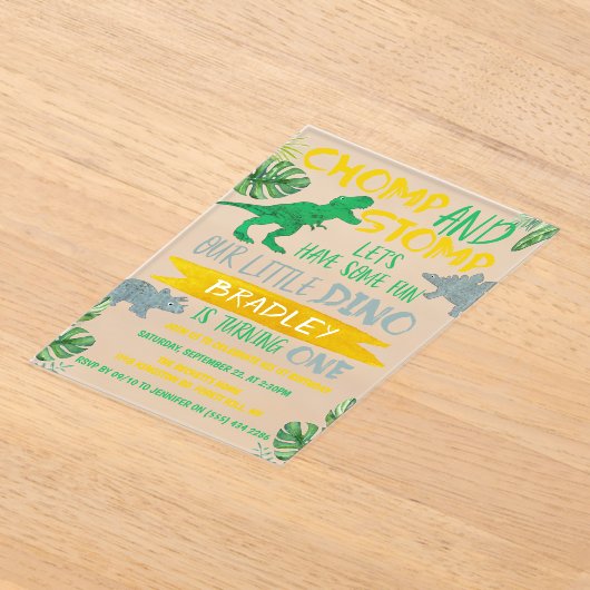Chomp & Stomp! Dinosaur Boys 1st verjaardag Acryl Uitnodigingen (Laagn)