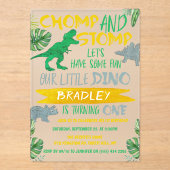 Chomp & Stomp! Dinosaur Boys 1st verjaardag Acryl Uitnodigingen (Voorkant)