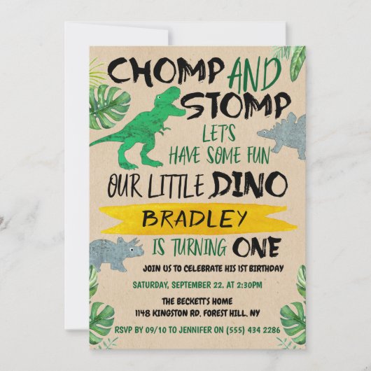Chomp & Stomp! Dinosaur Boys 1st verjaardag Kaart (Voorkant)