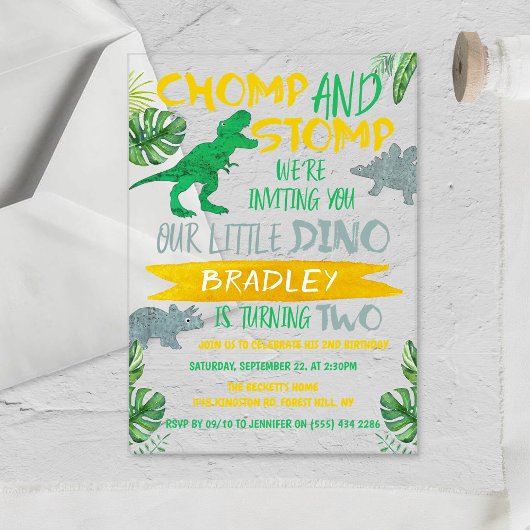 Chomp & Stomp! Dinosaur Boys 2e verjaardag Acryl Uitnodigingen