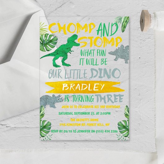 Chomp & Stomp! Dinosaur Boys 3e verjaardag Acryl Uitnodigingen