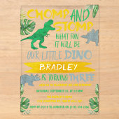 Chomp & Stomp! Dinosaur Boys 3e verjaardag Acryl Uitnodigingen (Voorkant)