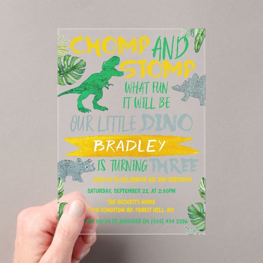 Chomp & Stomp! Dinosaur Boys 3rd Birthday Acryl Uitnodigingen (Insitu (Draagbaar))