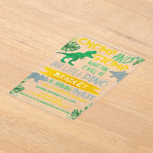 Chomp & Stomp! Dinosaur Boys 3rd Birthday Acryl Uitnodigingen (Laagn)