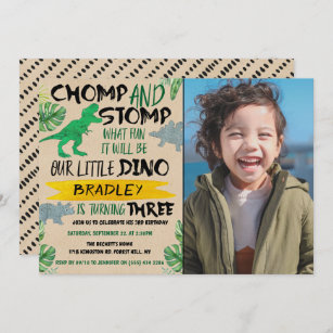 Chomp & Stomp! Dinosaur Boys 3rd Birthday Foto Kaart