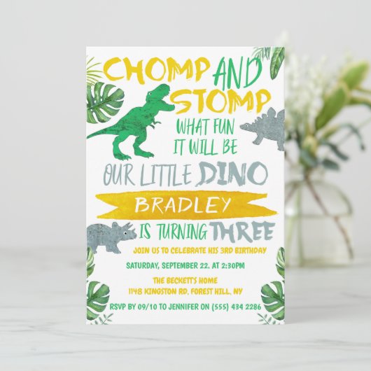 Chomp & Stomp! Dinosaur Boys 3rd Birthday Kaart (Staand voorkant)
