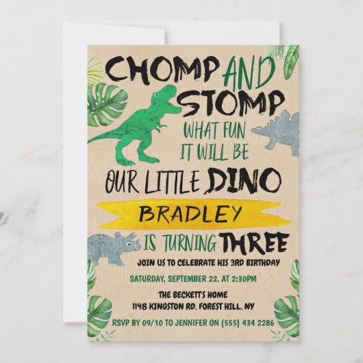 Chomp & Stomp! Dinosaur Boys 3rd Birthday Kaart (Voorkant)