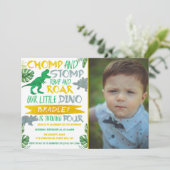 Chomp & Stomp! Dinosaur Boys 4e verjaardag Foto Kaart (Staand voorkant)