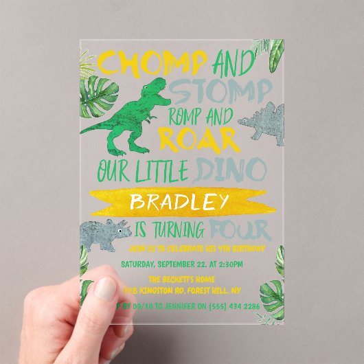Chomp & Stomp! Dinosaur Boys 4th Birthday Acryl Uitnodigingen (Insitu (Draagbaar))