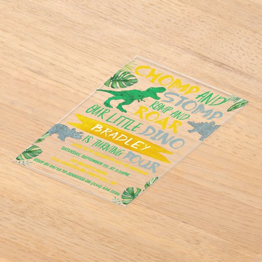 Chomp & Stomp! Dinosaur Boys 4th Birthday Acryl Uitnodigingen (Laagn)