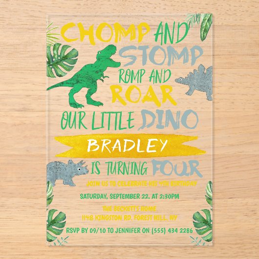 Chomp & Stomp! Dinosaur Boys 4th Birthday Acryl Uitnodigingen (Voorkant)