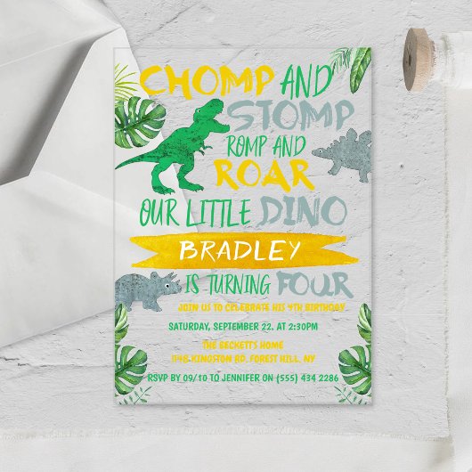 Chomp & Stomp! Dinosaur Boys 4th Birthday Acryl Uitnodigingen