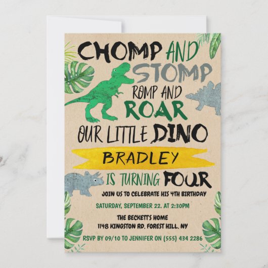 Chomp & Stomp! Dinosaur Boys 4th Birthday Kaart (Voorkant)