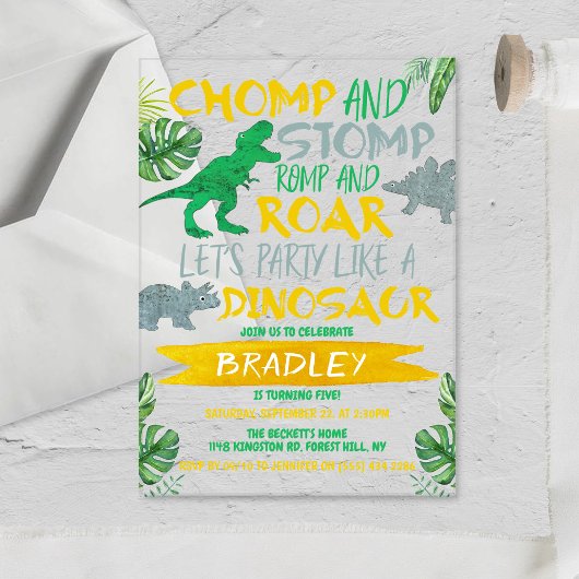 Chomp & Stomp! Dinosaur koopt elke dag Acryl Uitnodigingen