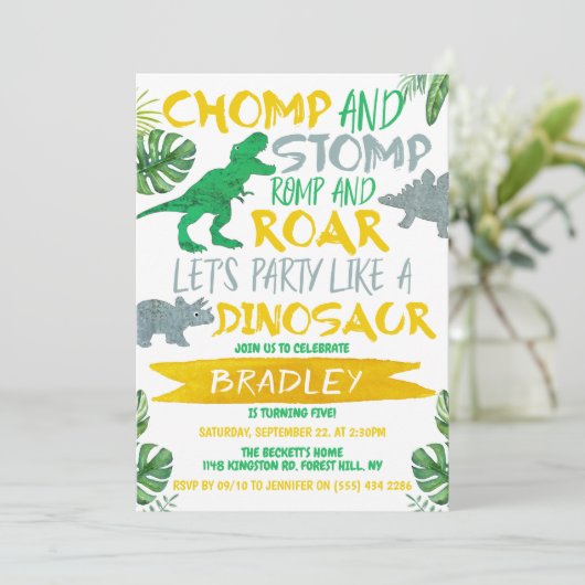 Chomp & Stomp! Dinosaur koopt elke dag Kaart (Staand voorkant)