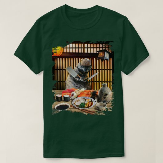Chonk Cat Sushi Ramen Chef, Kat reuzenbril, T-shirt (Design voorkant)