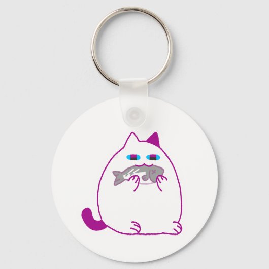 Chonky White Cat with a Fish Sleutelhanger (Voorkant)