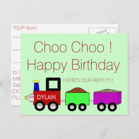Choo Choo Happy Birthday! RSVP-briefkaart Uitnodiging Briefkaart (Voorkant / Achterkant)
