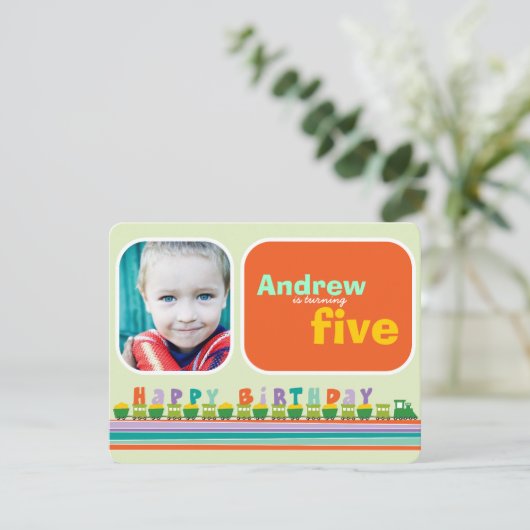 Choo Choo Happy Birthday Train Boy Verjaardagsfees Kaart (Staand voorkant)