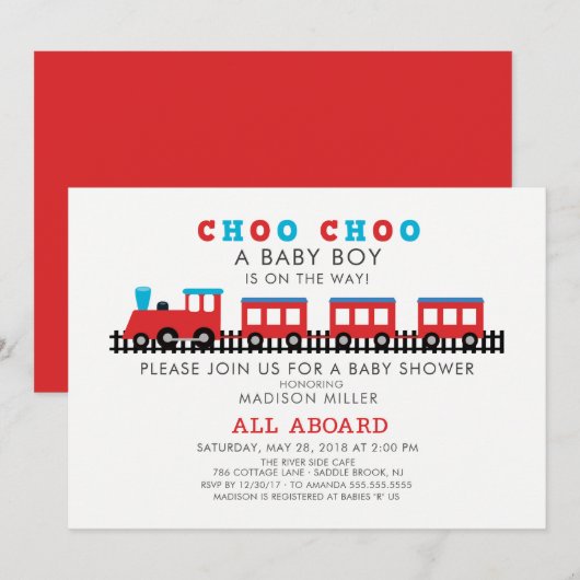 CHOO CHOO Train Boys Baby shower Invitation Kaart (Voorkant / Achterkant)