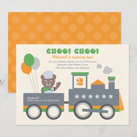 Choo Choo Train Oranje Beer, geboortedag Kaart (Voorkant / Achterkant)