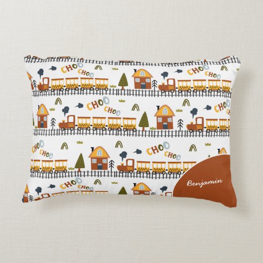 Choo Choo Train Patroon Voornaam Klein Kind Accent Kussen (Achterkant)