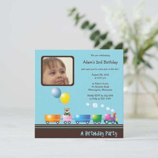 Choo Choo Train - uitnodiging voor feestdag (blauw (Staand voorkant)