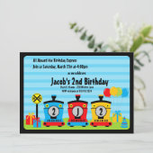 choo choo treinstel uitnodiging blauw rood (Staand voorkant)