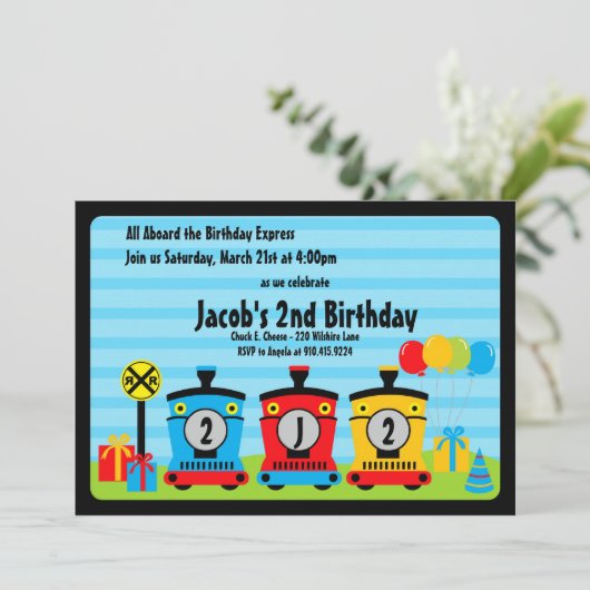 choo choo treinstel uitnodiging blauw rood (Staand voorkant)