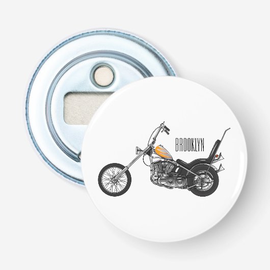 Chopper-motorfiets 1950 cartoonillustratie button flesopener (Voorkant)