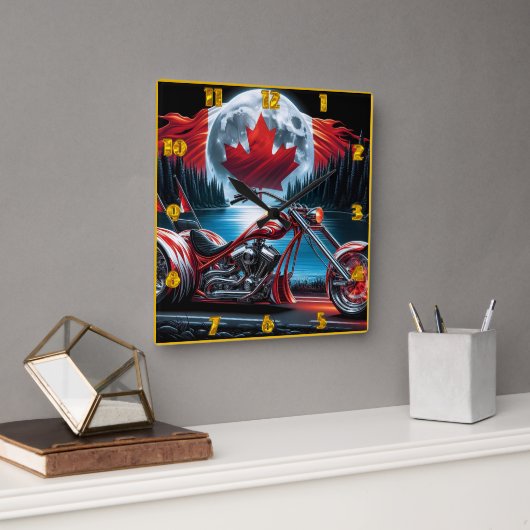 Chopper vrijheid met de Canadese vlag 's nachts Vierkante Klok (Kantoor)