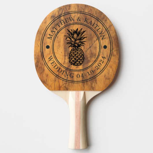 Chopping Block Pineapple Wedding Crest & Names Tafeltennisbatje (Voorkant)