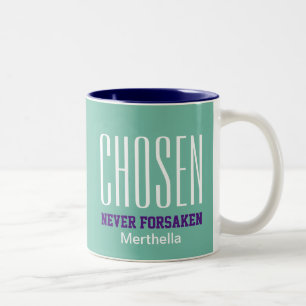 CHOSEN NEVER FORSAKEN   Hebreeuwen 13:5 AQUA Tweekleurige Koffiemok