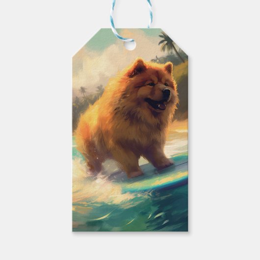 Chow Chow Beach Surfen Schilderij Cadeaulabel (Voorkant)