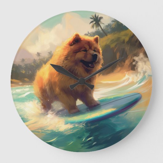 Chow Chow Beach Surfen Schilderij Grote Klok (Voorkant)