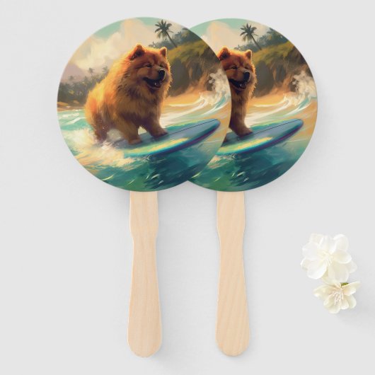 Chow Chow Beach Surfen Schilderij Handwaaier (Voorkant en achterkant)