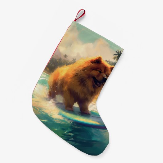 Chow Chow Beach Surfen Schilderij Kleine Kerstsok (Voorkant (Hangend))