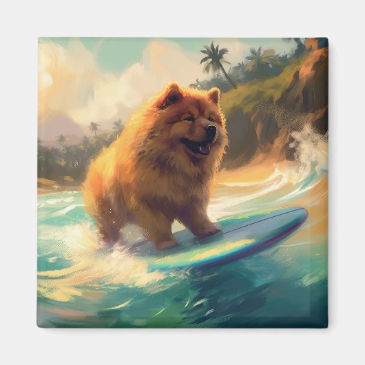 Chow Chow Beach Surfen Schilderij Magneet (Voorkant)